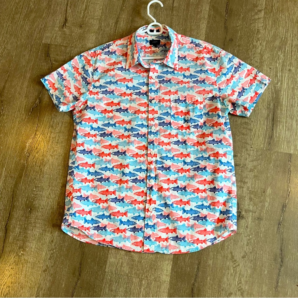 J.Crew Mens Short Sleeve Shirt with Colored Fish Print Sz Large